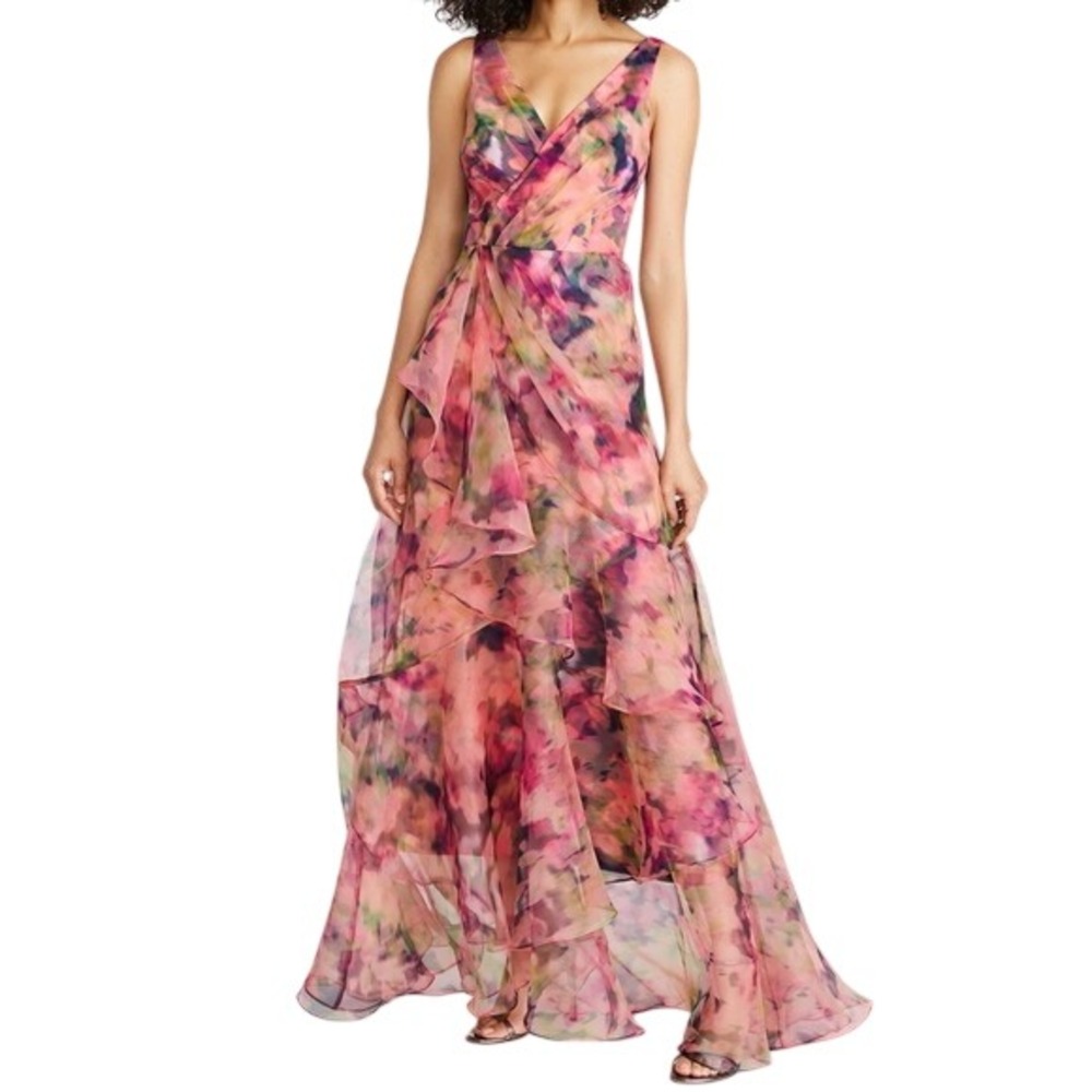 Theia Raisa Watercolor Floral Organza Ruffle Gown Size 4 NWOT
